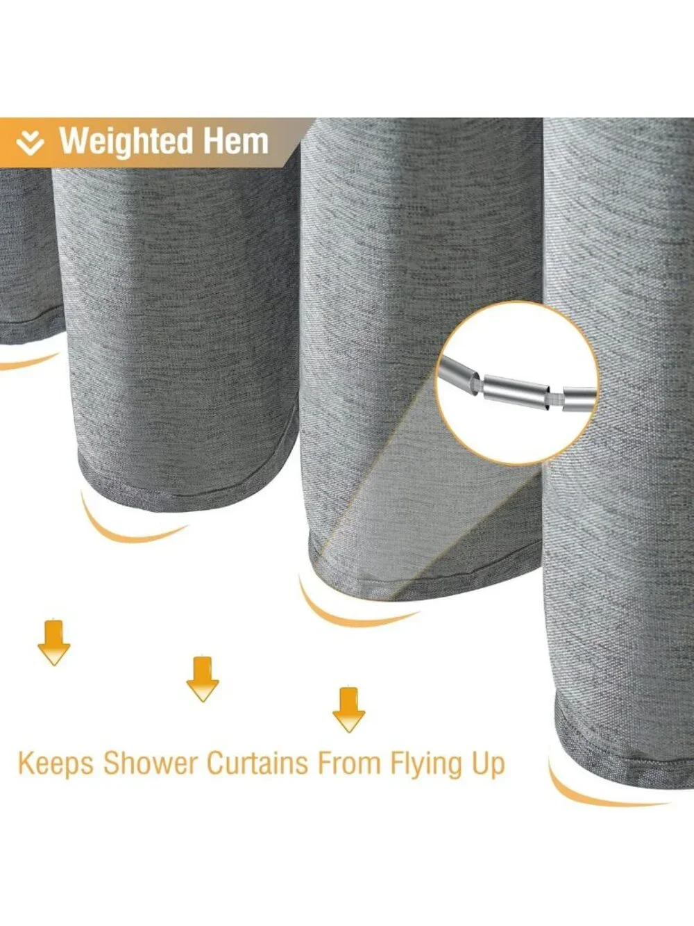 Waterproof Grey Linen Textured Shower Curtain Set, 72x72, Stylish Bathroom Decor